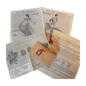 Vintage Petit Point Patterns Rose Jewelry Pins and Earrings and Spanish Dancers